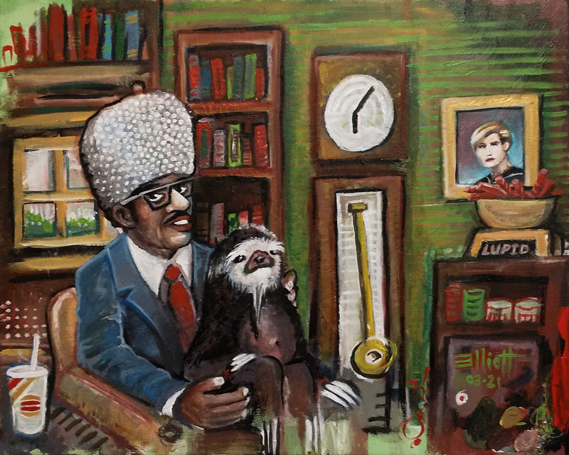 full view of Man In Disguise Relaxing With Sloth Necromancer painting